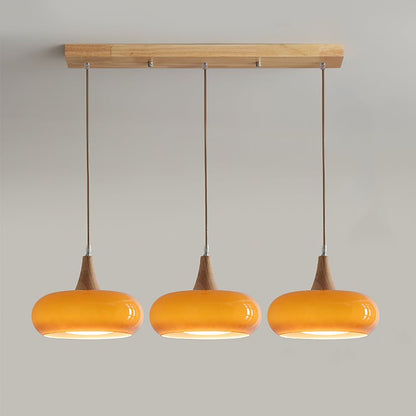 Amber Glass Pendant Light Oblate Disc Wood Top Angle