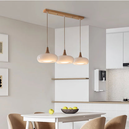 Amber Glass Pendant Light Oblate Disc Wood Top Back