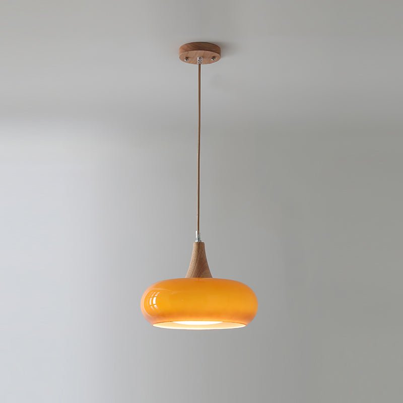 Amber Glass Pendant Light Oblate Disc Wood Top Front