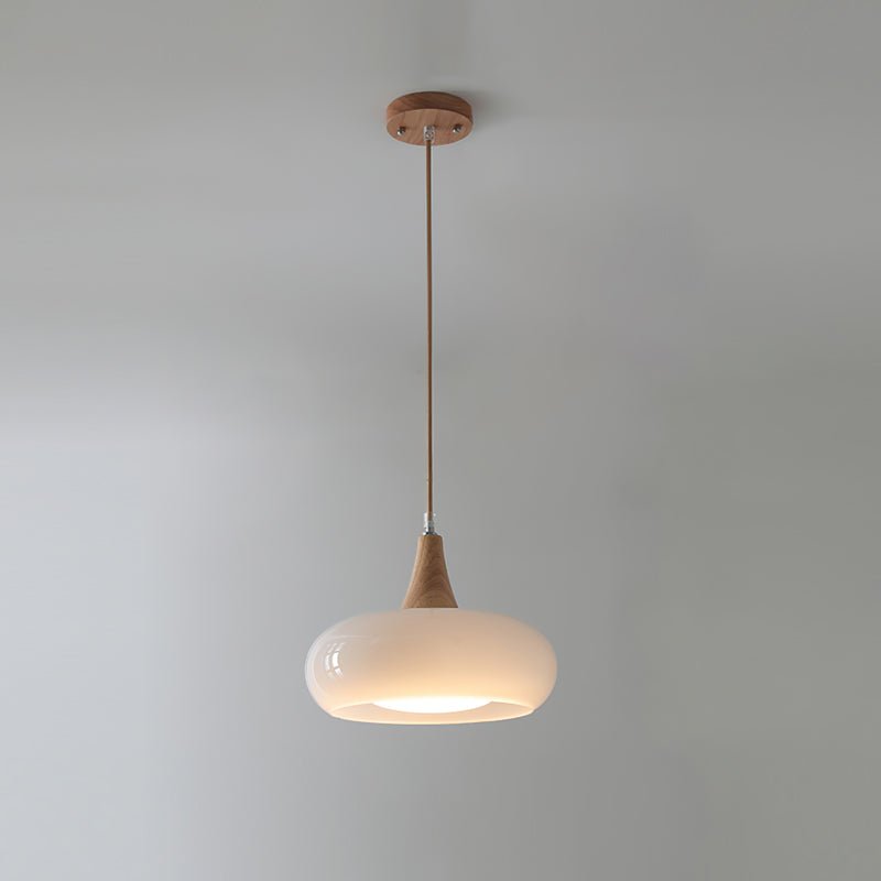 Amber Glass Pendant Light Oblate Disc Wood Top Full