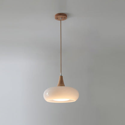 Amber Glass Pendant Light Oblate Disc Wood Top Full