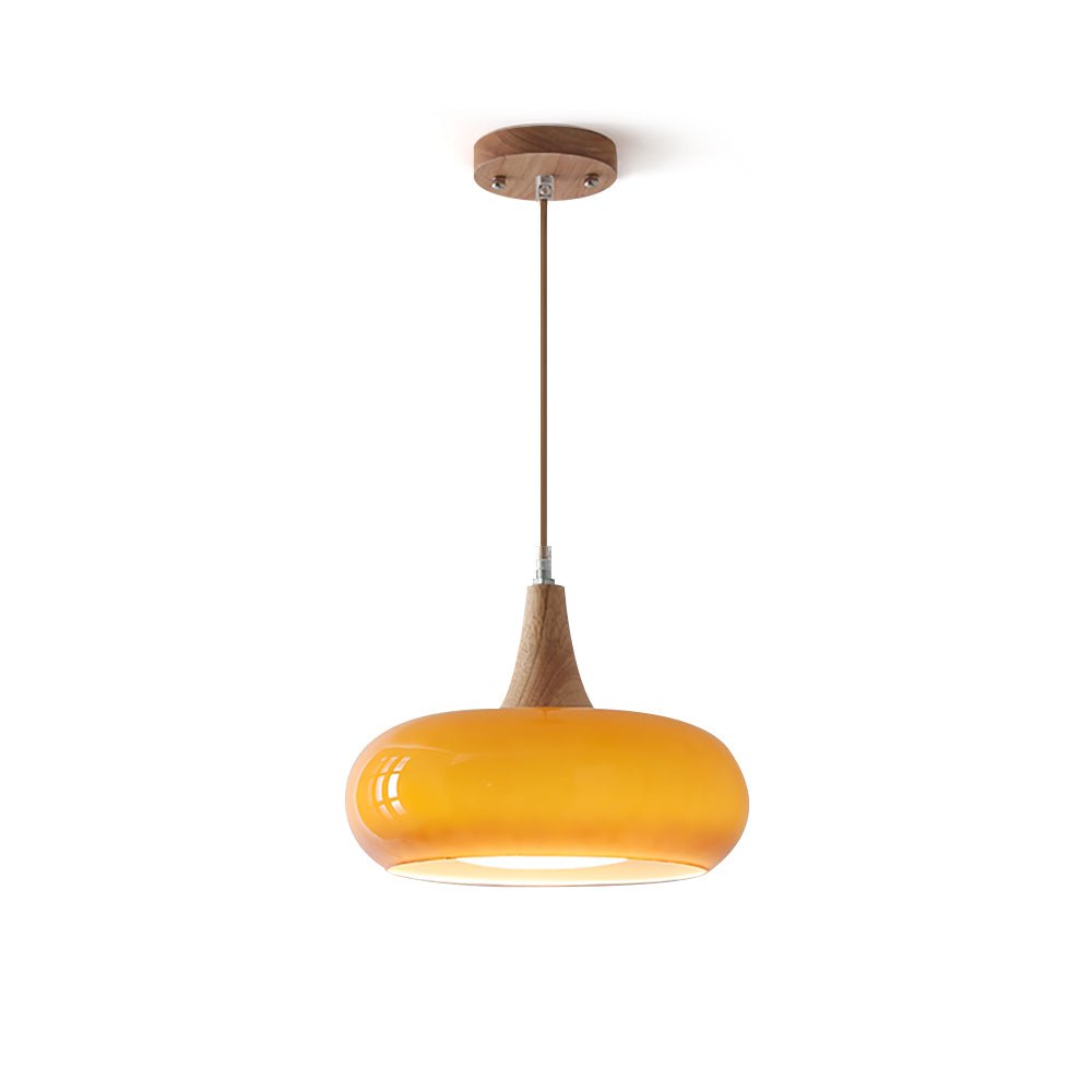 Amber Glass Pendant Light Oblate Disc Wood Top Hero