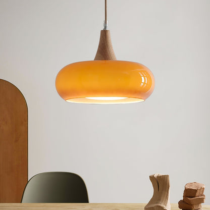 Amber Glass Pendant Light Oblate Disc Wood Top Side