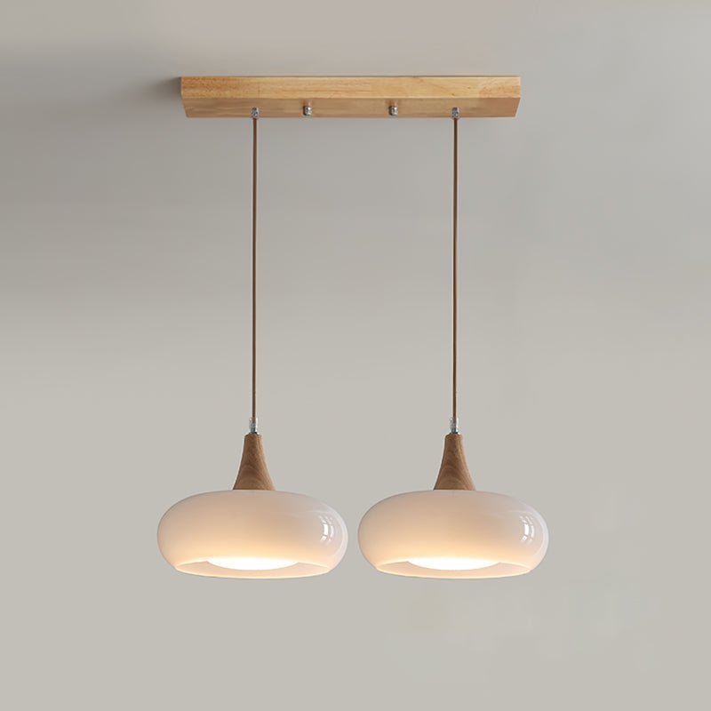 Amber Glass Pendant Light Oblate Disc Wood Top View 11