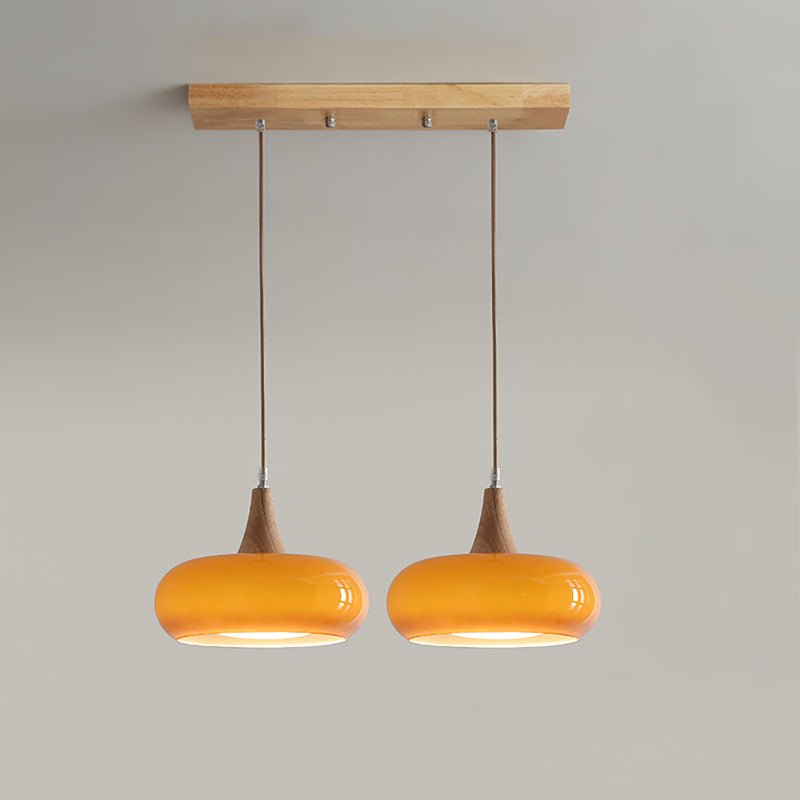 Amber Glass Pendant Light Oblate Disc Wood Top View 12