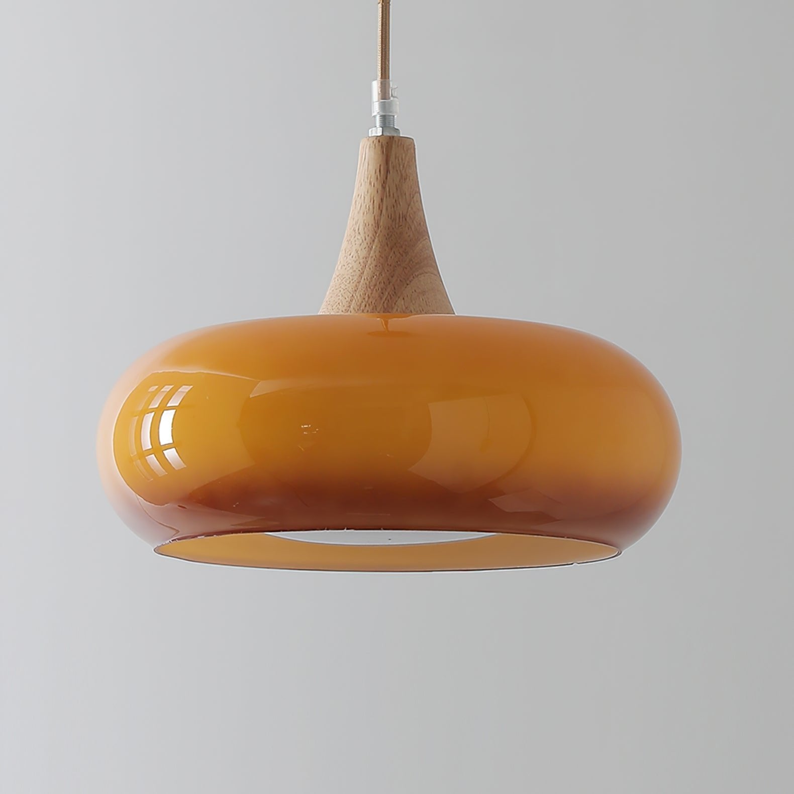 Amber Glass Pendant Light Oblate Disc Wood Top View 13