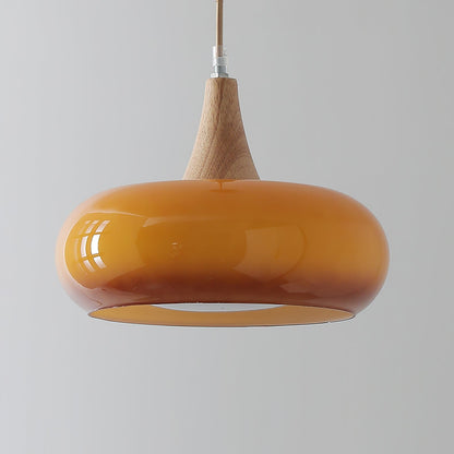 Amber Glass Pendant Light Oblate Disc Wood Top View 13