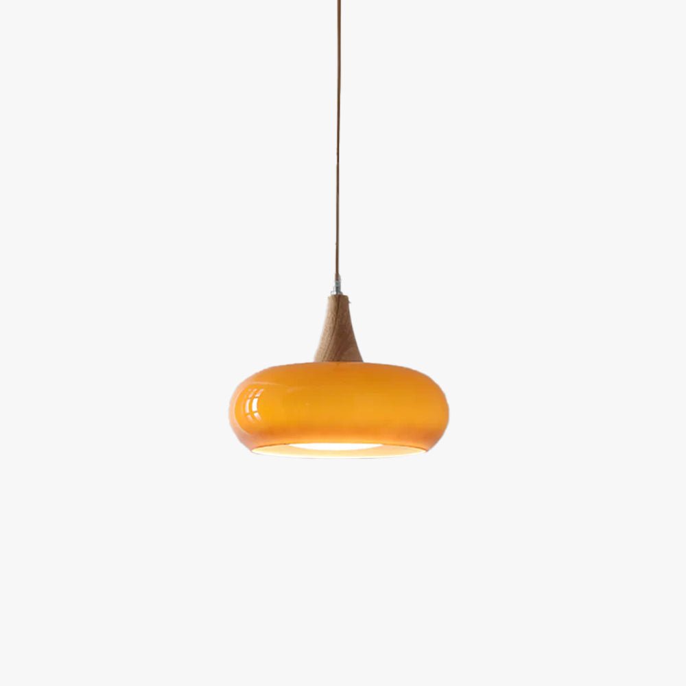 Amber Glass Pendant Light Oblate Disc Wood Top View 14