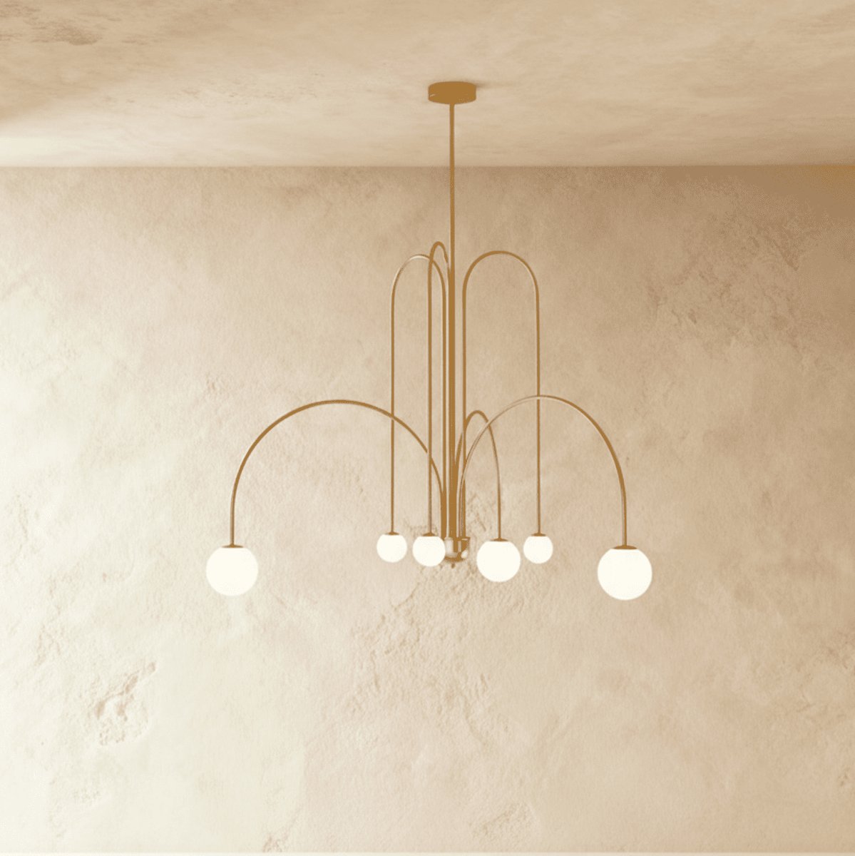 Art Deco Iron Chandelier Opal Glass Arched Arms Detail