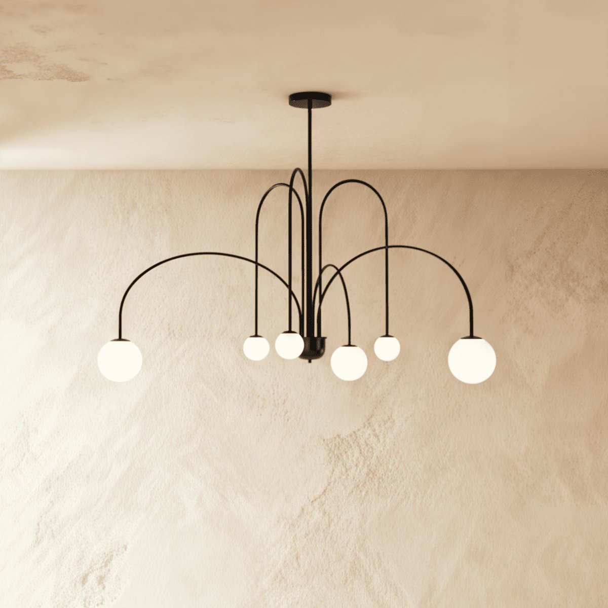 Art Deco Iron Chandelier Opal Glass Arched Arms Front