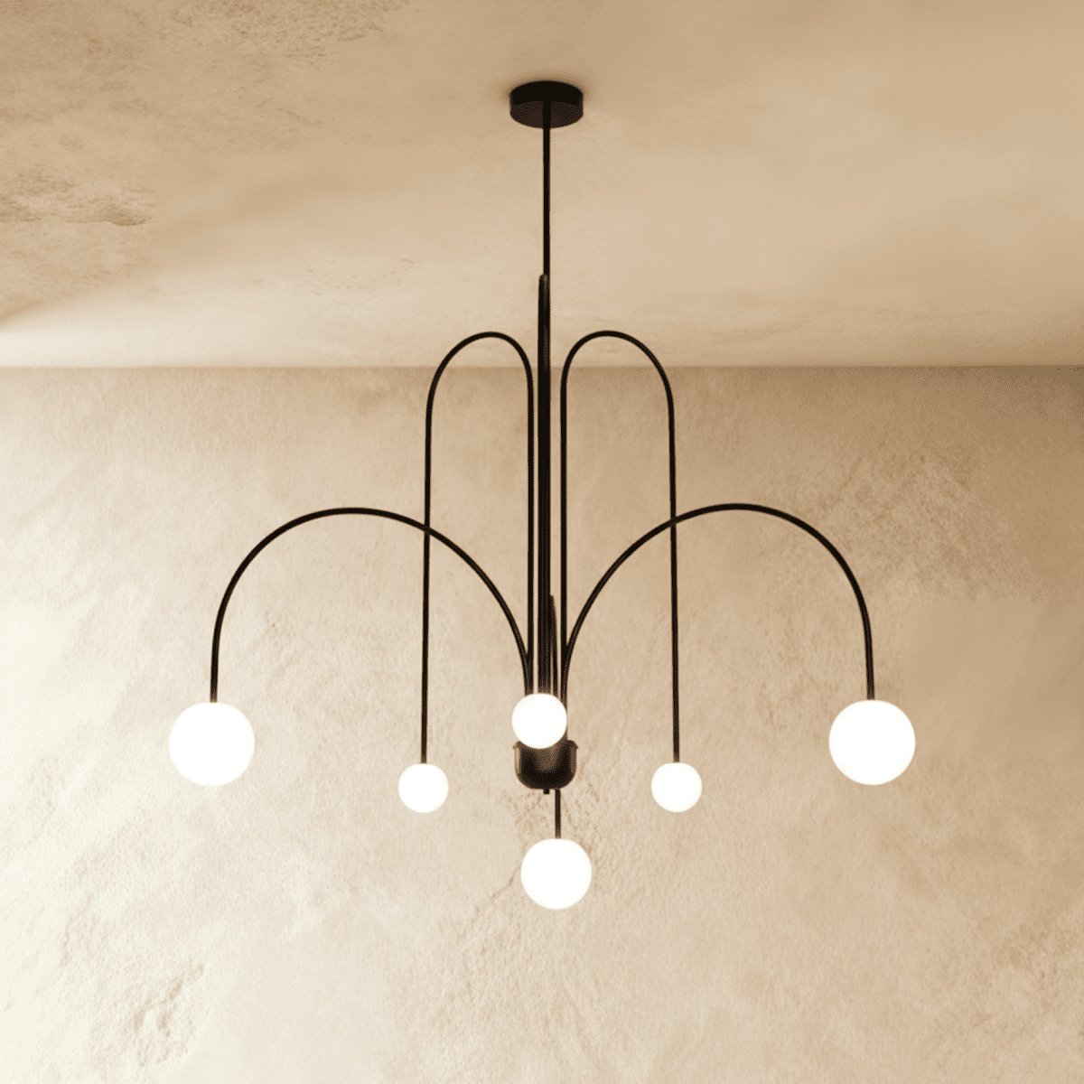 Art Deco Iron Chandelier Opal Glass Arched Arms Hero