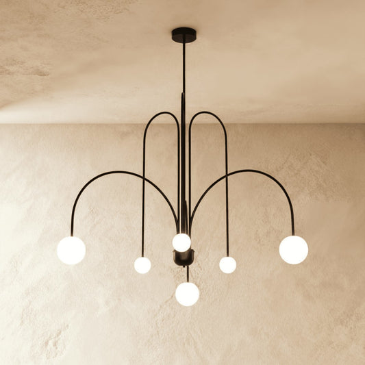 Art Deco Iron Chandelier Opal Glass Arched Arms Hero