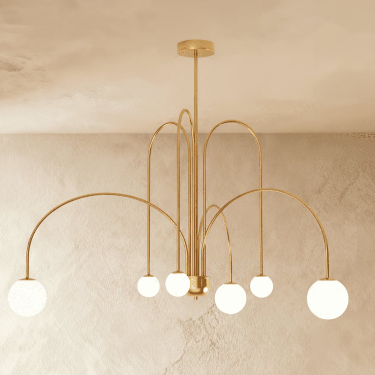 Art Deco Iron Chandelier Opal Glass Arched Arms Side