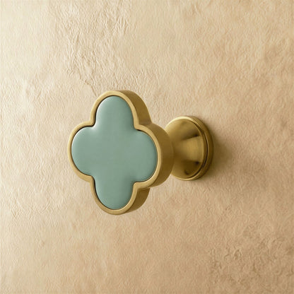 Brass Leather Cabinet Knob Quatrefoil Shape Detail