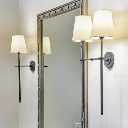 Brass Wall Lamp Tapered Linen Shade Slim Stem Detail