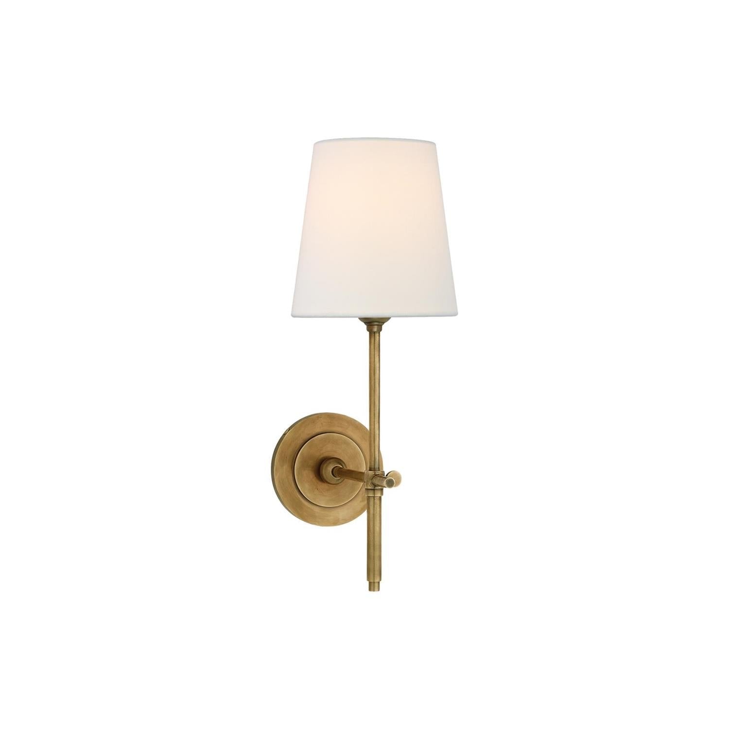 Brass Wall Lamp Tapered Linen Shade Slim Stem Front