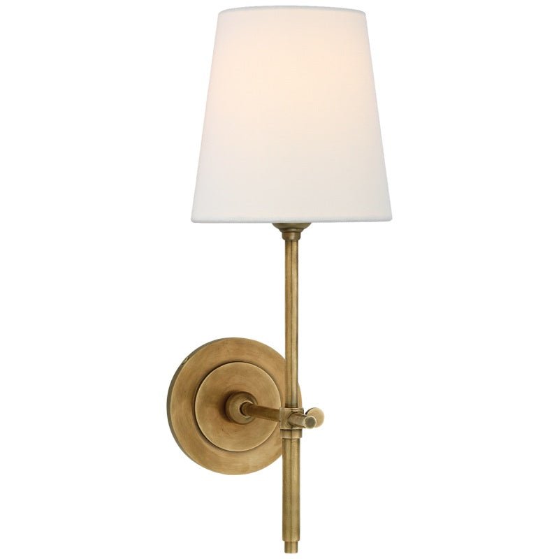 Brass Wall Lamp Tapered Linen Shade Slim Stem View 22