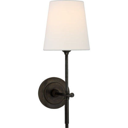 Brass Wall Lamp Tapered Linen Shade Slim Stem View 23