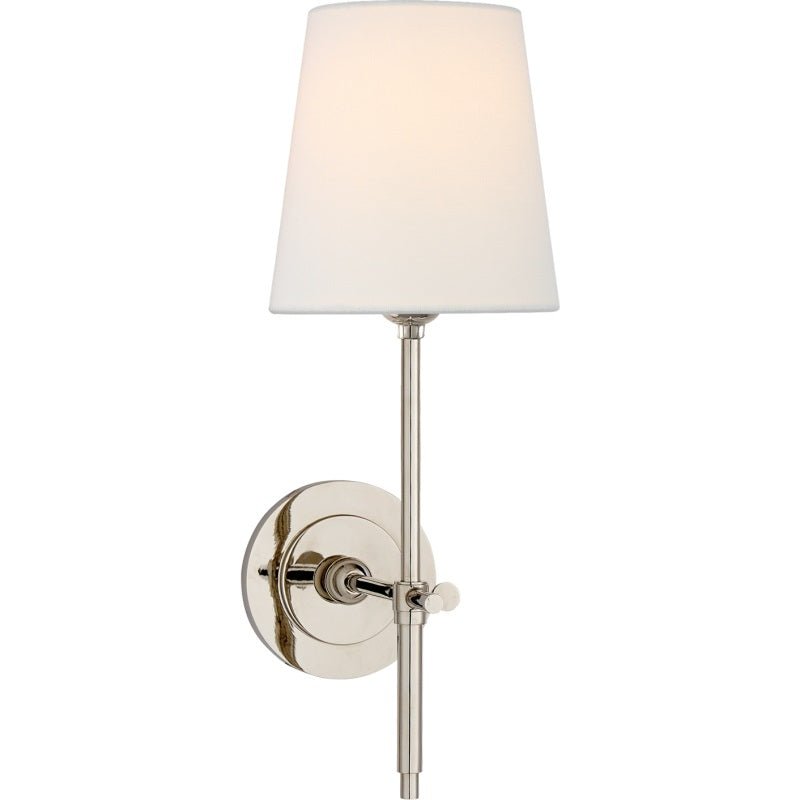 Brass Wall Lamp Tapered Linen Shade Slim Stem View 24