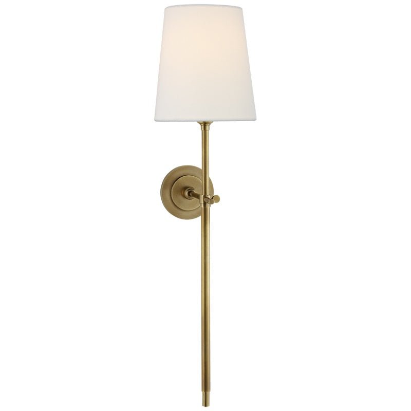 Brass Wall Lamp Tapered Linen Shade Slim Stem View 25