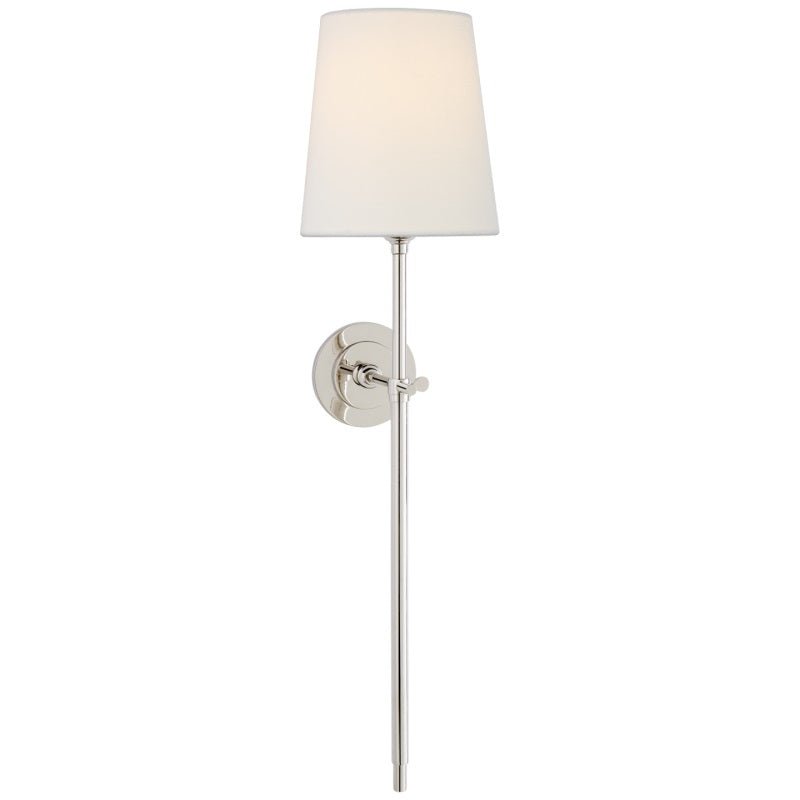 Brass Wall Lamp Tapered Linen Shade Slim Stem View 27