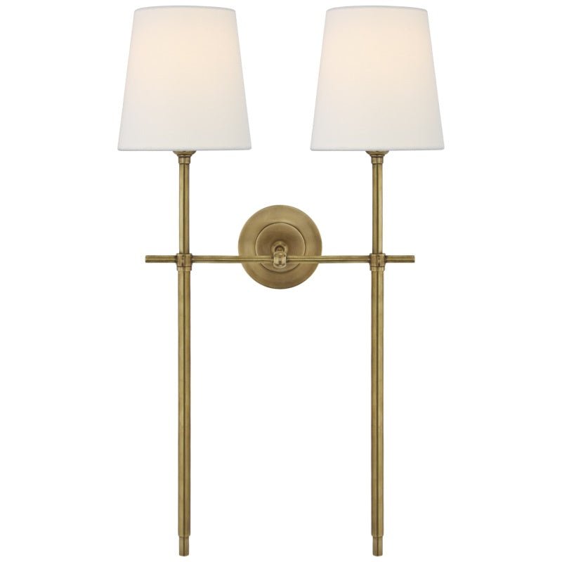 Brass Wall Lamp Tapered Linen Shade Slim Stem View 28
