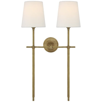 Brass Wall Lamp Tapered Linen Shade Slim Stem View 28