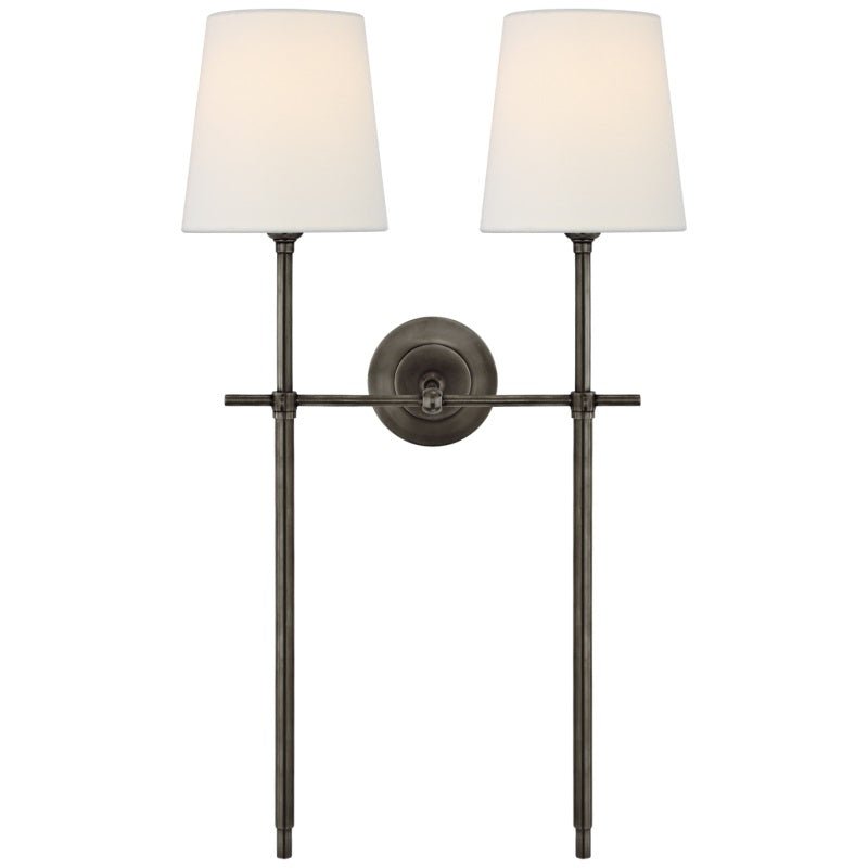 Brass Wall Lamp Tapered Linen Shade Slim Stem View 29