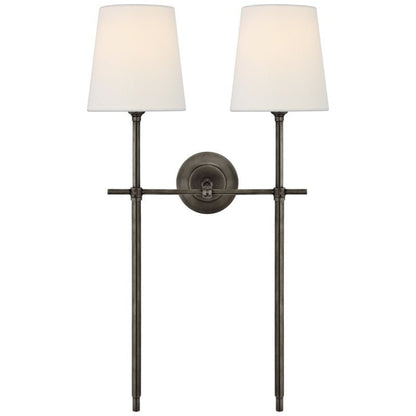 Brass Wall Lamp Tapered Linen Shade Slim Stem View 29