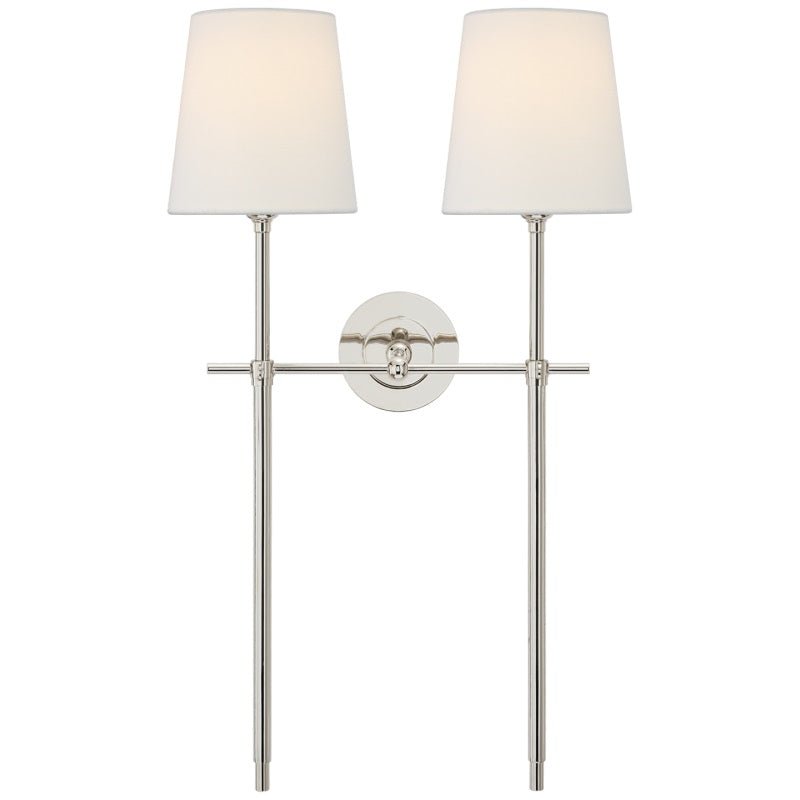 Brass Wall Lamp Tapered Linen Shade Slim Stem View 30