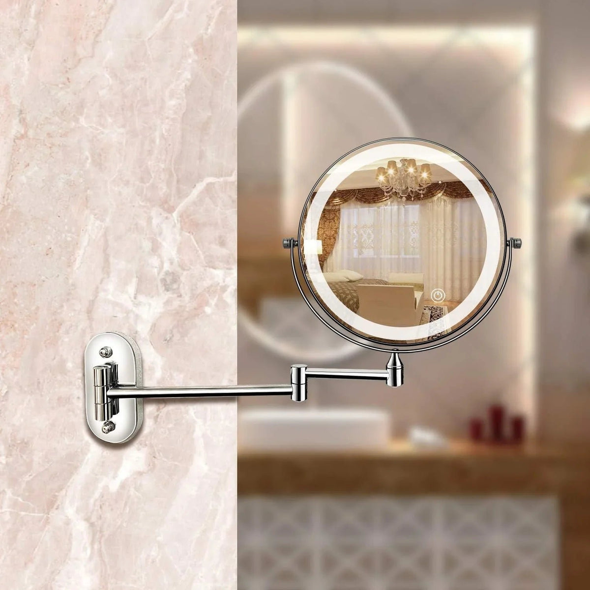 Chrome LED Vanity Mirror Folding Wall Mount Arm Close Up