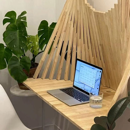 Contemporary Solid Wood Semicircle Desk Slatted Backdrop Front