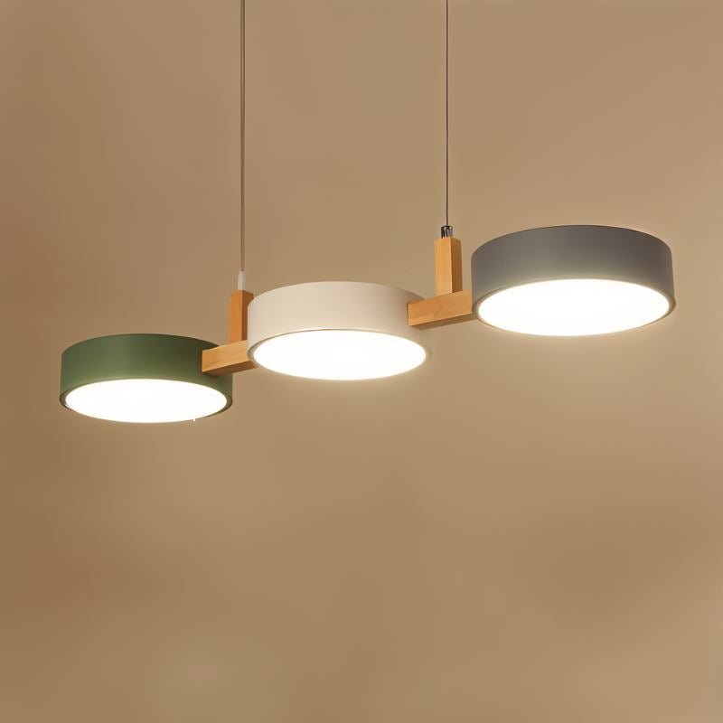 Contemporary Wood Metal Pendant Light Coloured Disc LED Close Up
