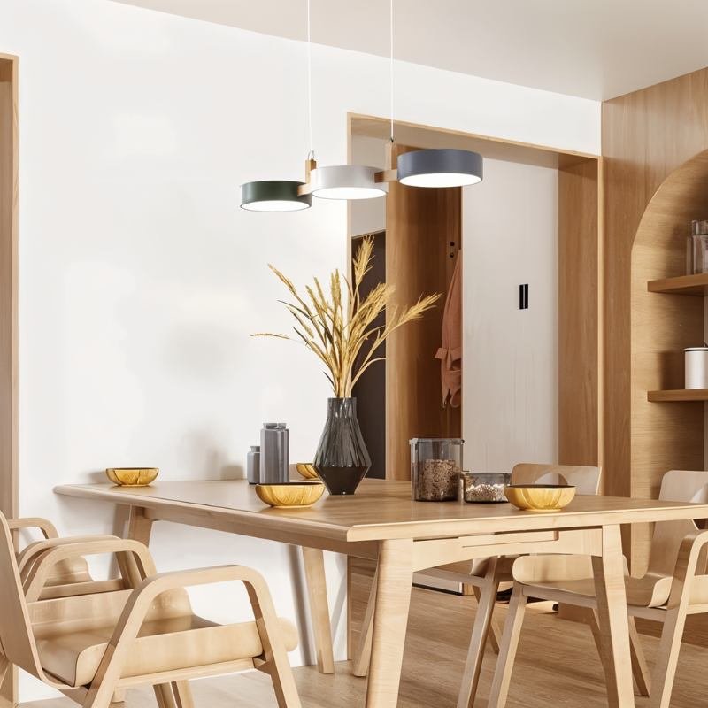Contemporary Wood Metal Pendant Light Coloured Disc LED Side
