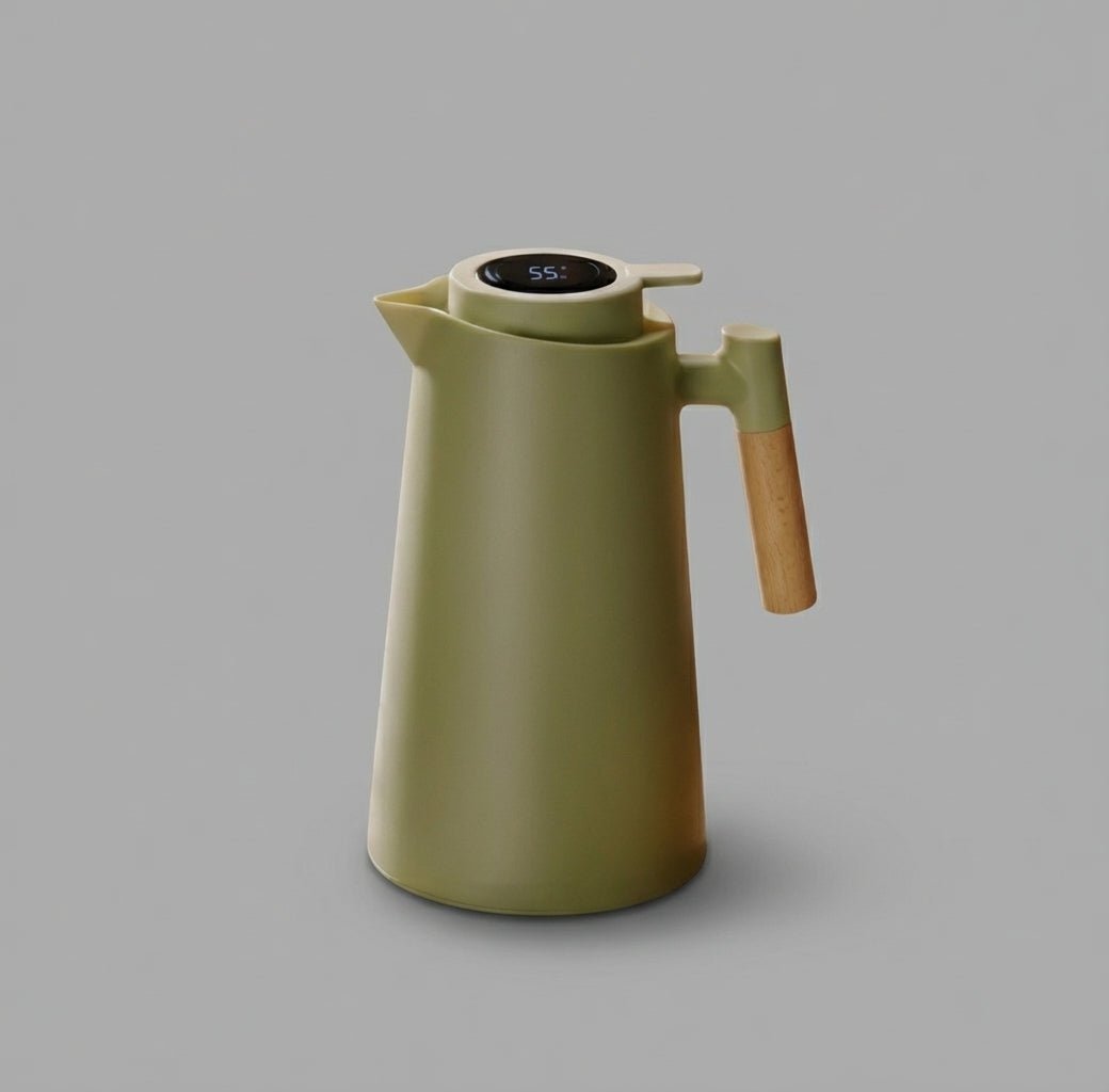 Elara Haus Thermal Jug - Glass With Wooden Handle Temperature Display Front