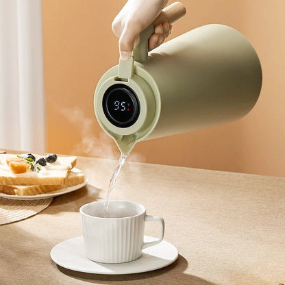 Elara Haus Thermal Jug - Glass With Wooden Handle Temperature Display Side