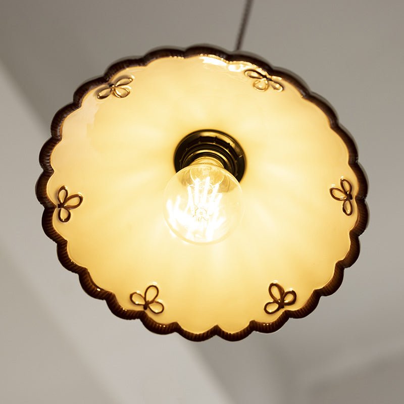 French Ceramic Cone Pendant Light Scalloped Rim Angle