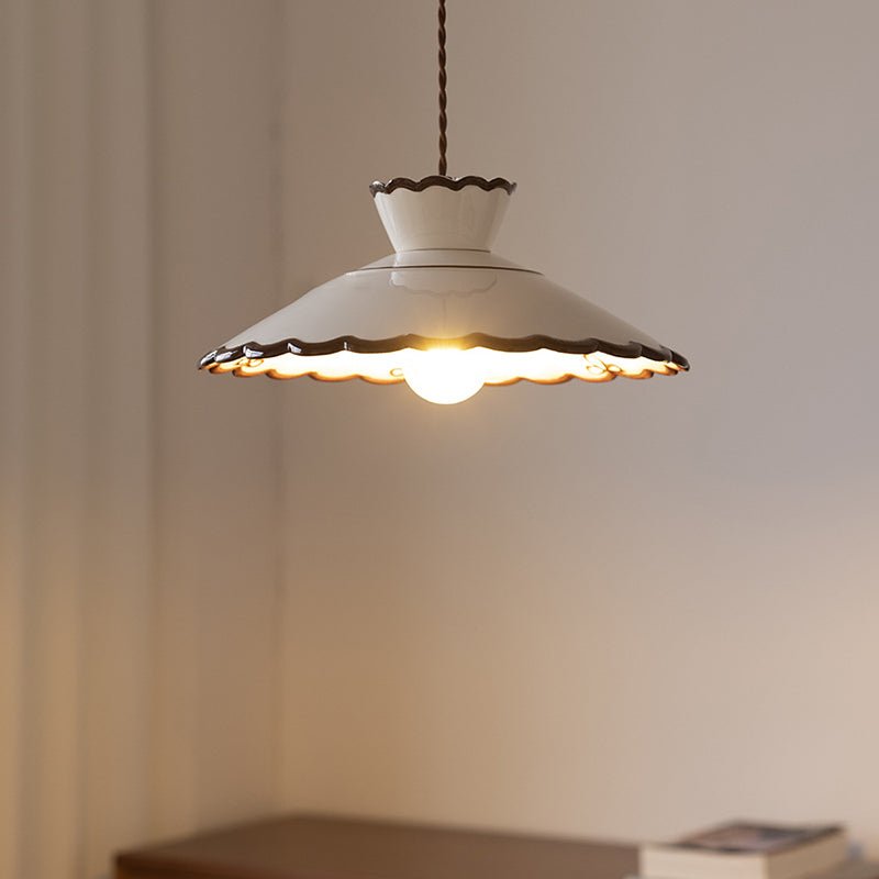 French Ceramic Cone Pendant Light Scalloped Rim Detail