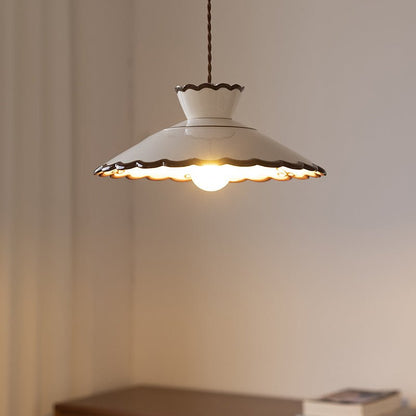French Ceramic Cone Pendant Light Scalloped Rim Detail