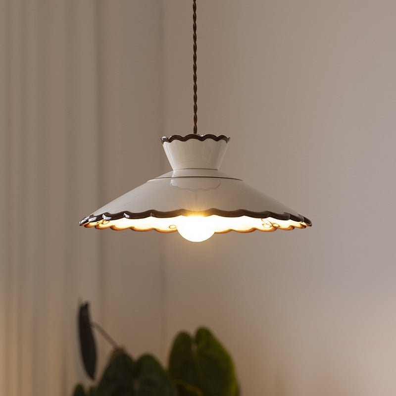 French Ceramic Cone Pendant Light Scalloped Rim Front
