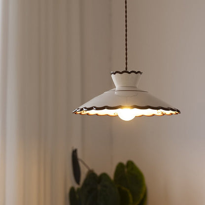 French Ceramic Cone Pendant Light Scalloped Rim Full