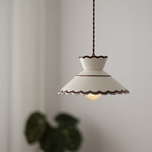 French Ceramic Cone Pendant Light Scalloped Rim Hero