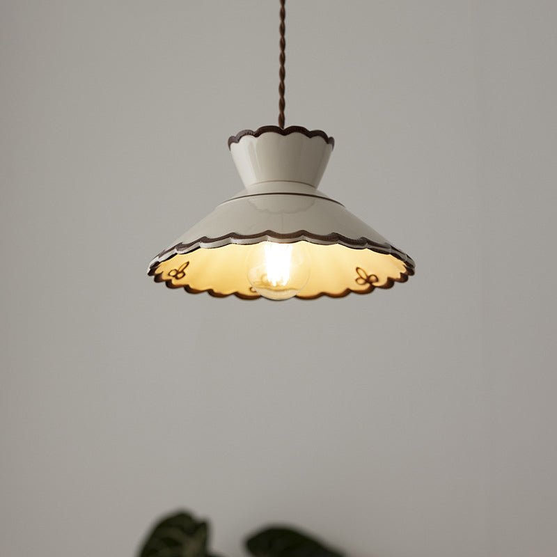 French Ceramic Cone Pendant Light Scalloped Rim View 13