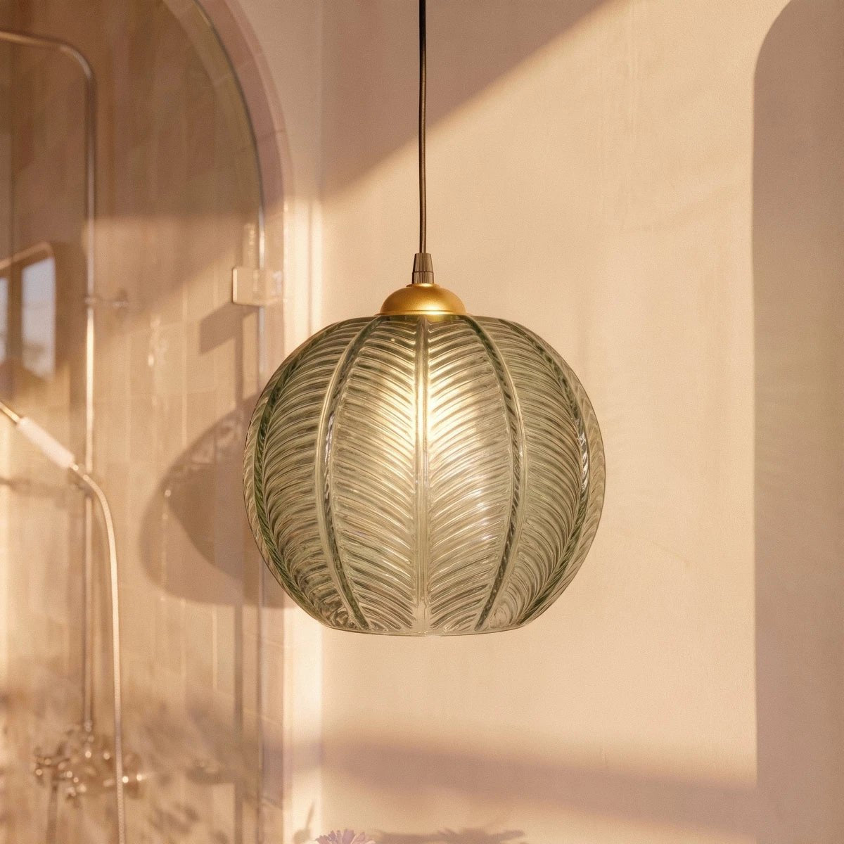Frosted Glass Pendant Light Leaf Ribbed Globe Alternate