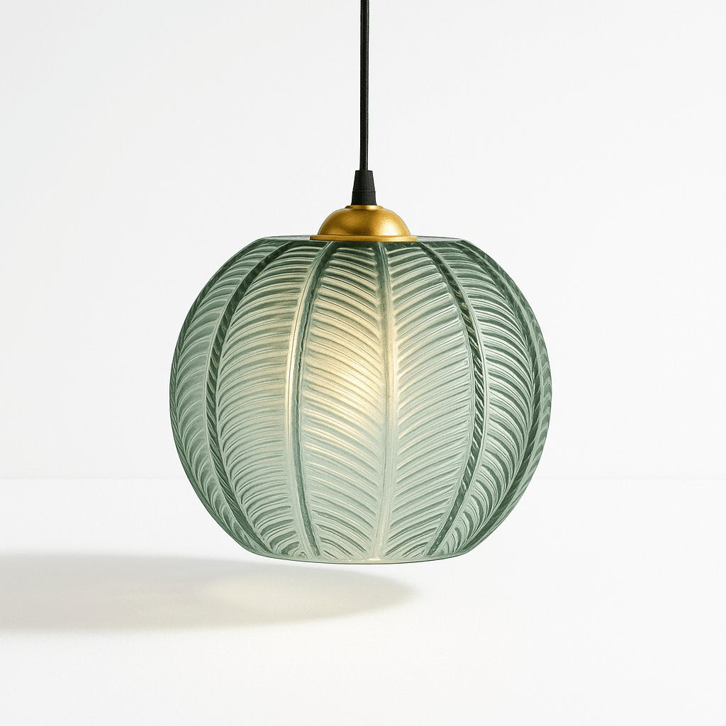 Frosted Glass Pendant Light Leaf Ribbed Globe Front