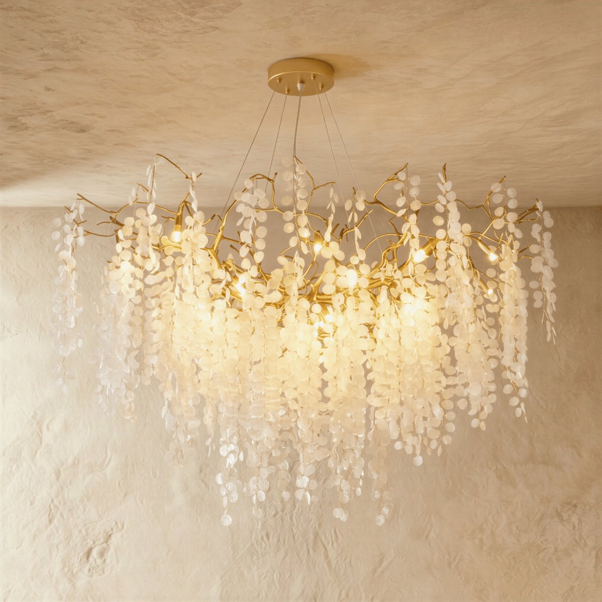 Gold Metal Branch Chandelier Crystal Leaf Close Up
