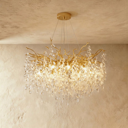 Gold Metal Branch Chandelier Crystal Leaf View 11