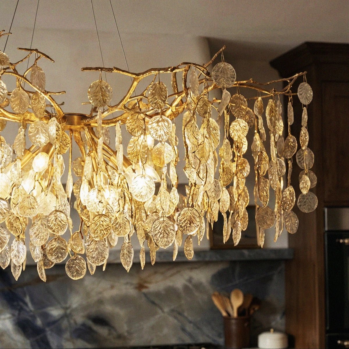 Gold Metal Branch Chandelier Crystal Leaf View 19