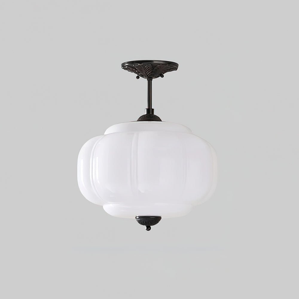 Green Glass Semi Flush Mount Ceiling Light Ribbed Angle