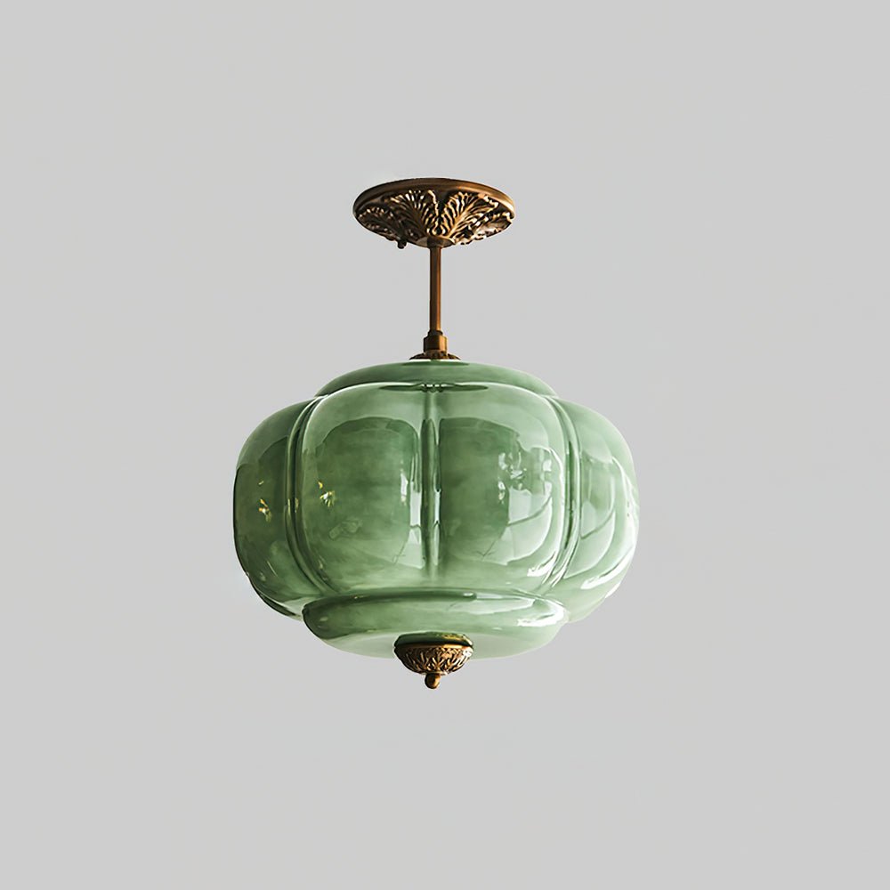 Green Glass Semi Flush Mount Ceiling Light Ribbed Close Up